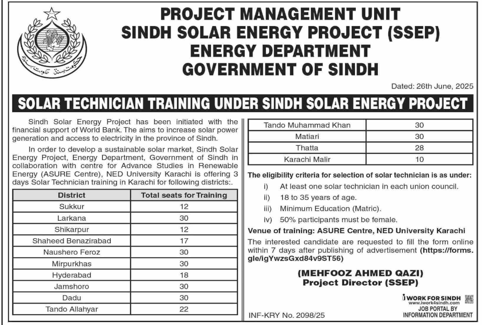 Admission Open in Sindh Solar Energy Project Karachi